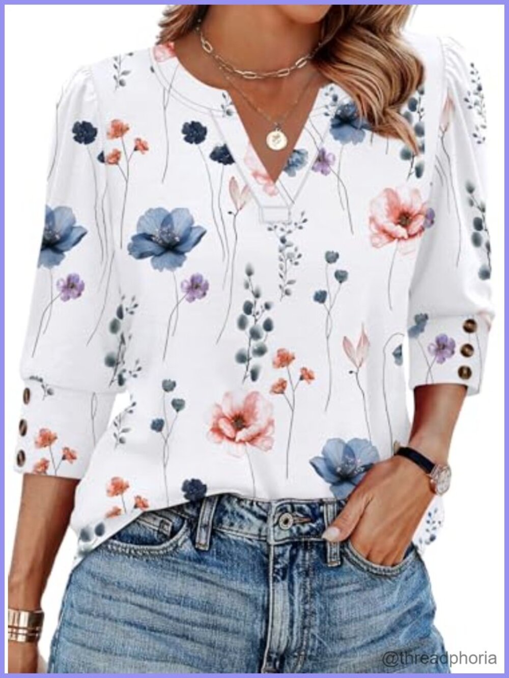 Womens 3/4 Sleeve V Neck Blouse Button Cuff Dressy Casual Top